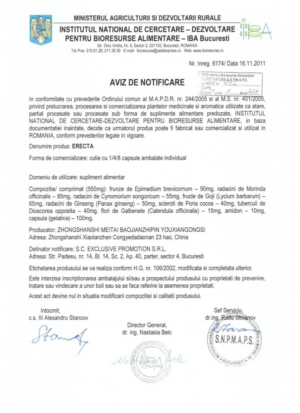 Aviz de notificare ERECTA, IBA București, nr. 6174 din 16.11.2011